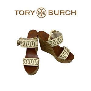 Tory Burch Gold Logo Wedge Sandals Cork Platform Size 11M